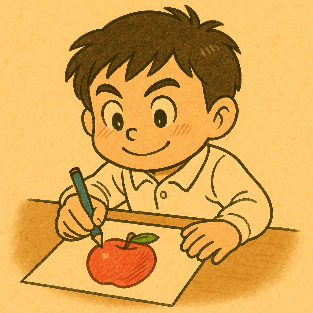 リンゴの絵を描くちとせまるくん