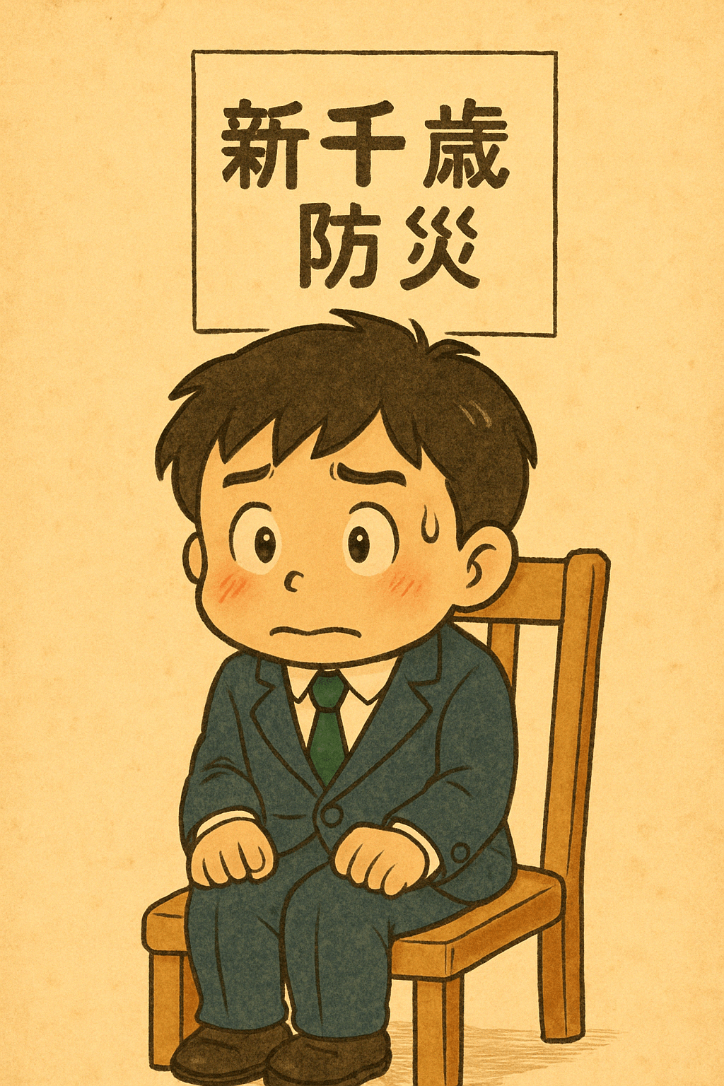 面接で椅子に座ってドキドキしているちとせまるくん